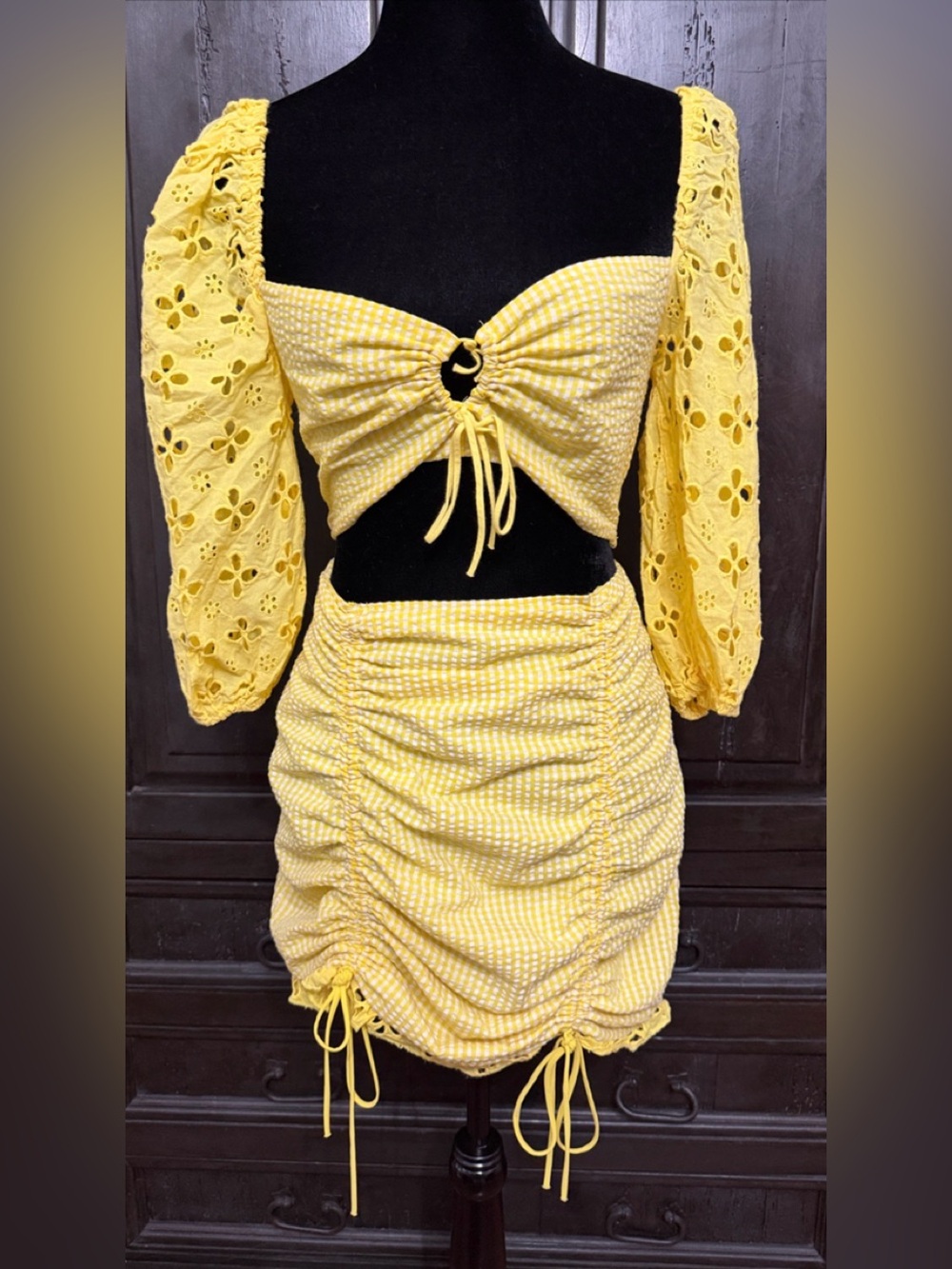 For Love Bell Lemons Picnic eyelet set gingham crop top puff sleeves w/ skirt -M - Picture 1 of 12